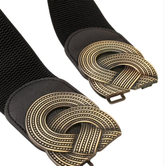 Black Stretch Waist Belt with Ornate Bronze Detail - Picture 3 of 5